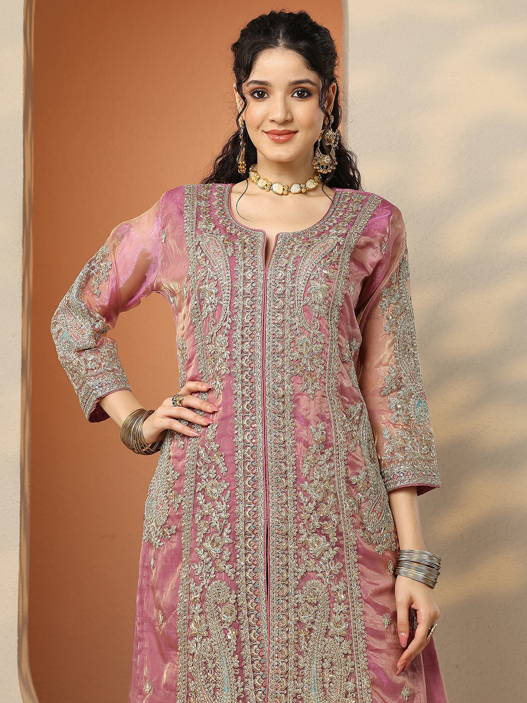 Pink Embroidered Organza Kurta Set with Flared Palazzo and Dupatta