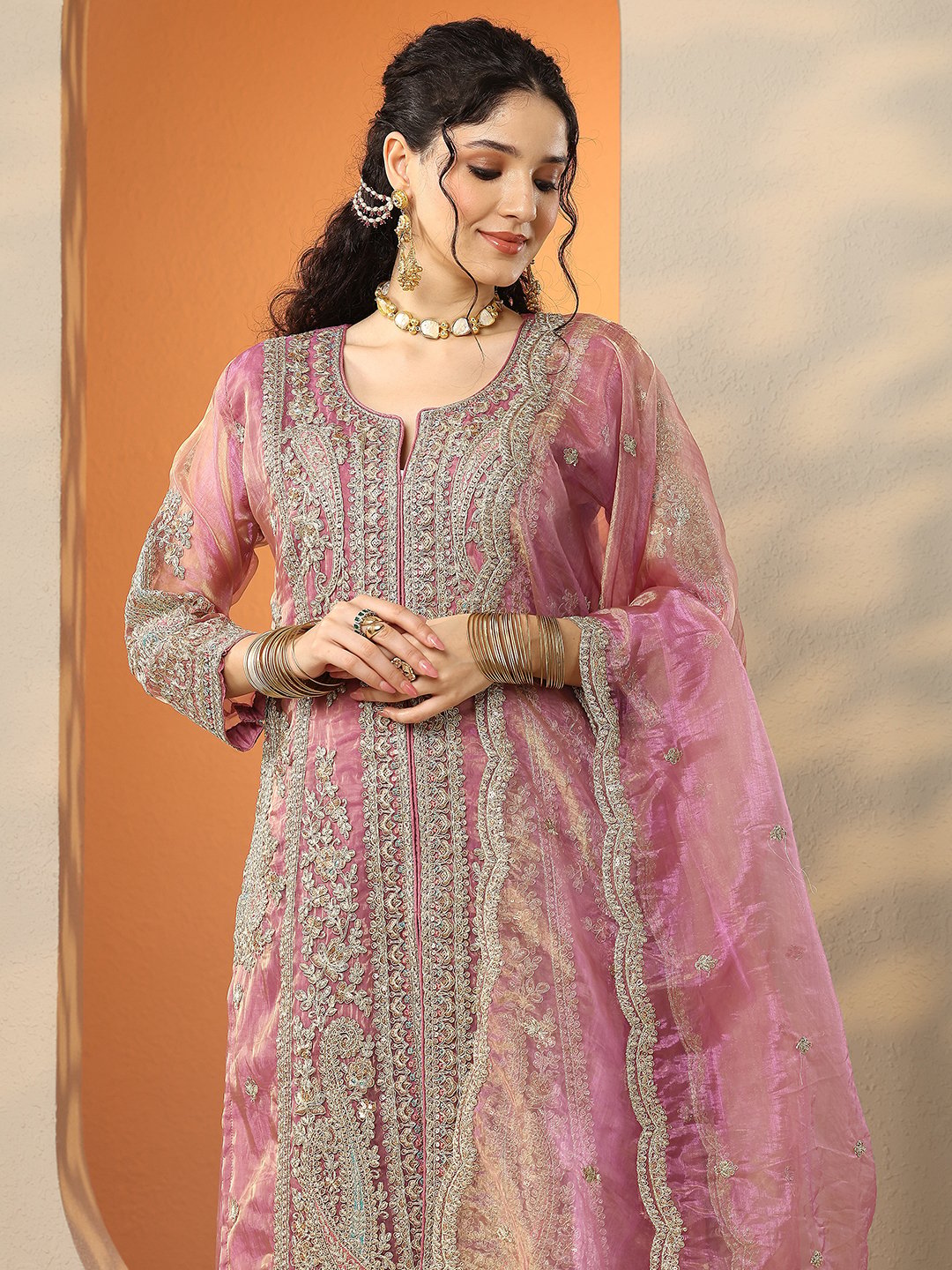 Pink Embroidered Organza Kurta Set with Flared Palazzo and Dupatta