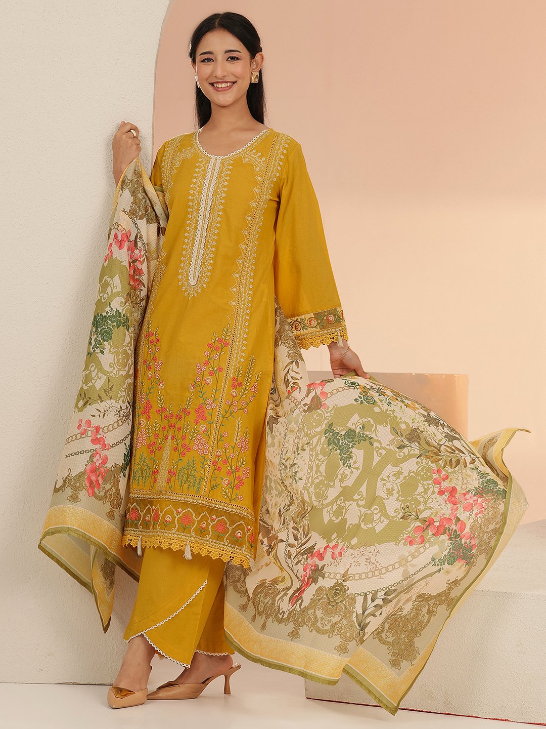 Mustard Embroidered Cotton Kurta Set with Dupatta