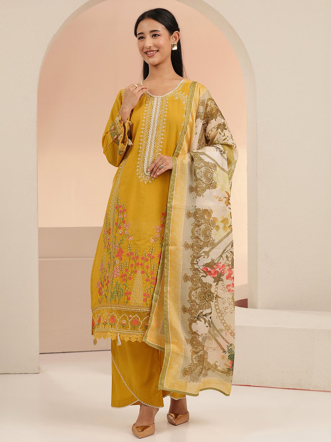 Mustard Embroidered Cotton Kurta Set with Dupatta