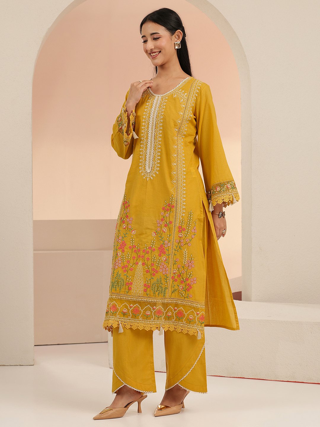 Mustard Embroidered Cotton Kurta Set with Dupatta