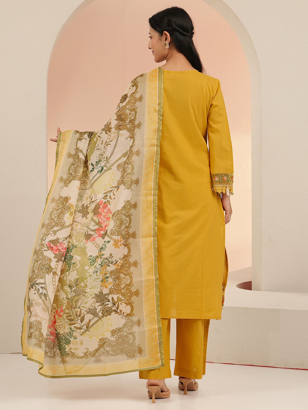 Mustard Embroidered Cotton Kurta Set with Dupatta