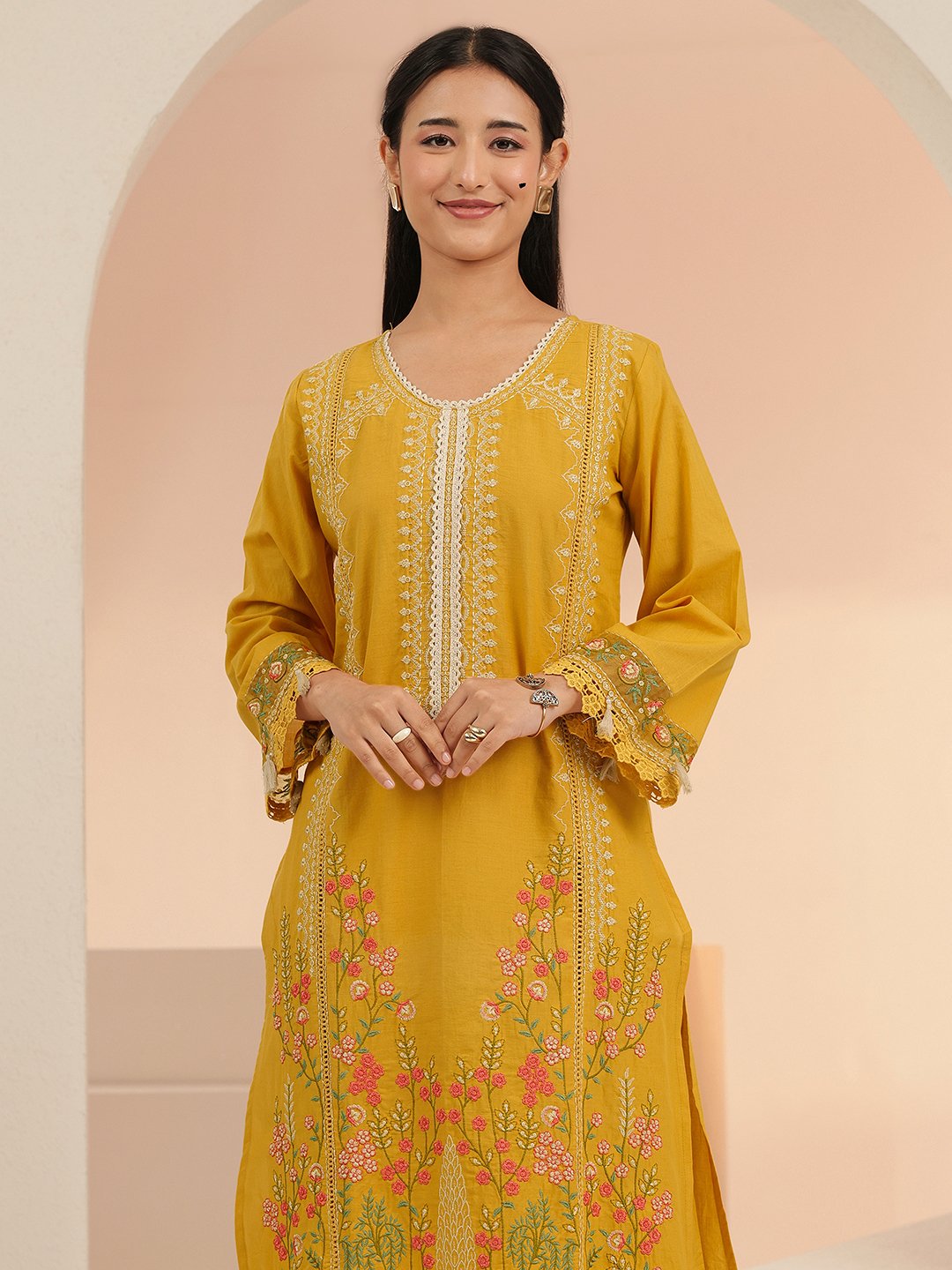 Mustard Embroidered Cotton Kurta Set with Dupatta