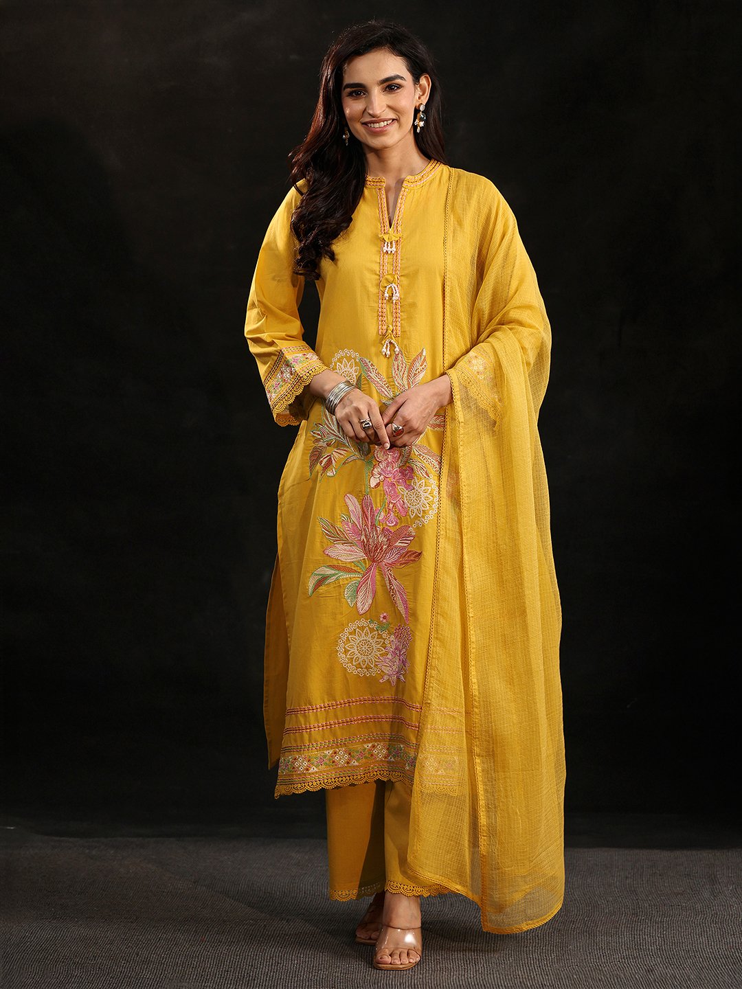 Mustard Embroidered Cotton Kurta Set with Straight Pants and Dupatta