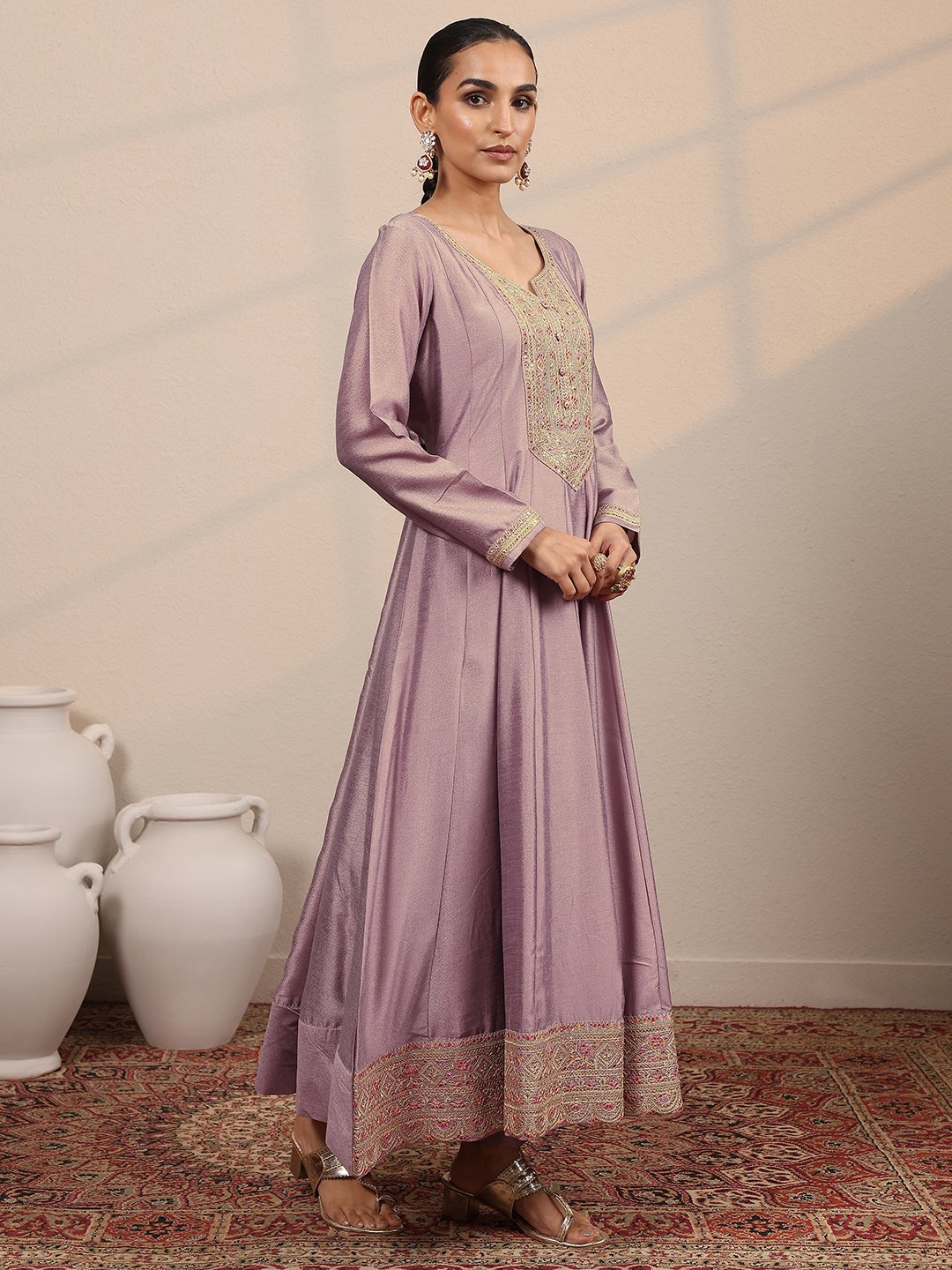 Regal Purple Silk Blend Anarkali Kurta Set with Floral Dupatta
