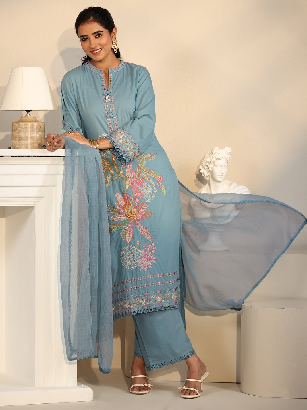 Blue Embroidered Cotton Kurta Set with Dupatta