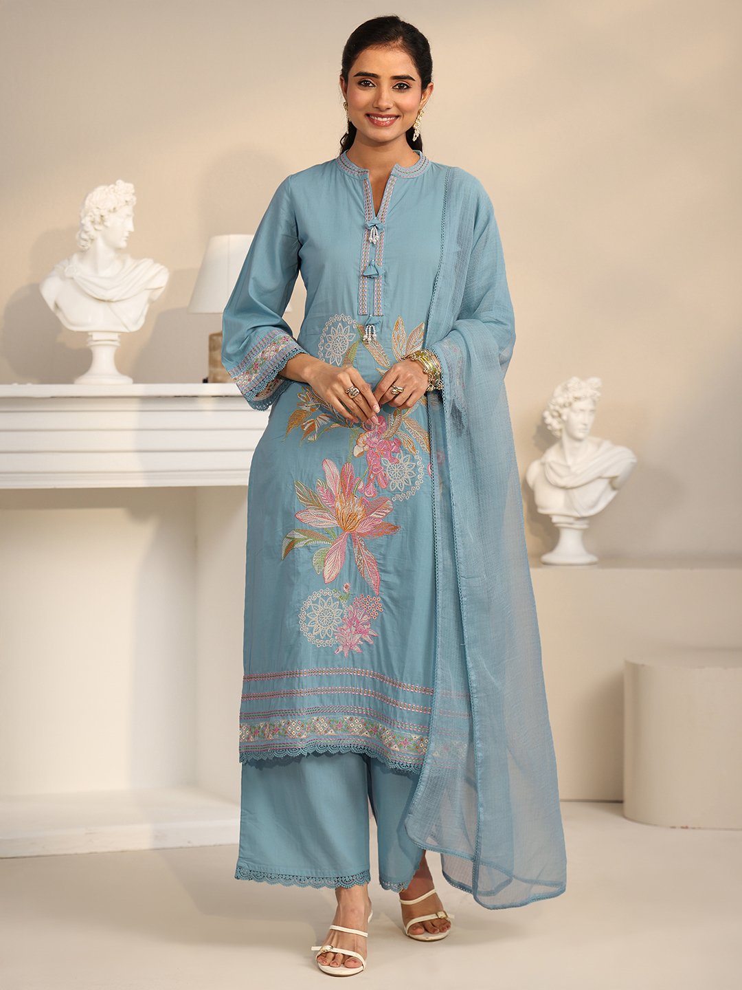 Blue Embroidered Cotton Kurta Set with Dupatta