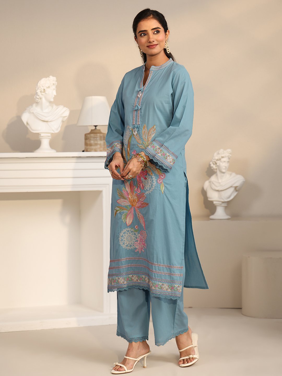Blue Embroidered Cotton Kurta Set with Dupatta