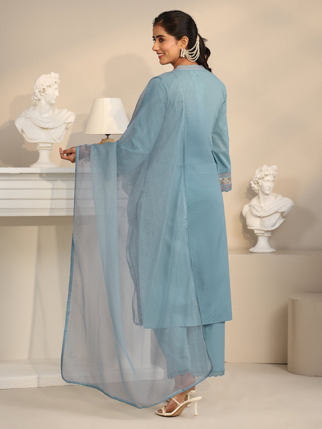 Blue Embroidered Cotton Kurta Set with Dupatta