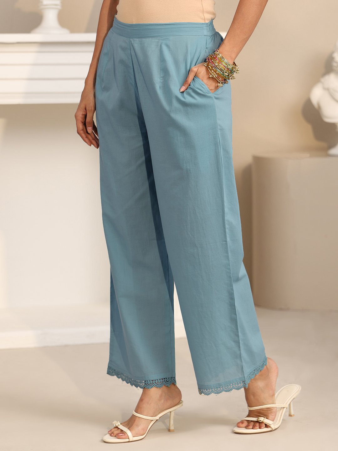 Blue Embroidered Cotton Kurta Set with Dupatta