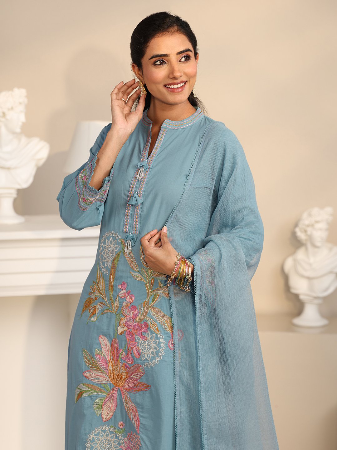 Blue Embroidered Cotton Kurta Set with Dupatta
