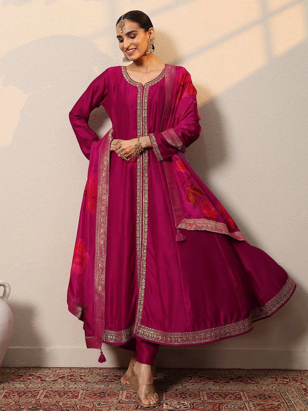 Magenta Silk Blend Embroidered A-Line Kurta Set with Trousers and Dupatta