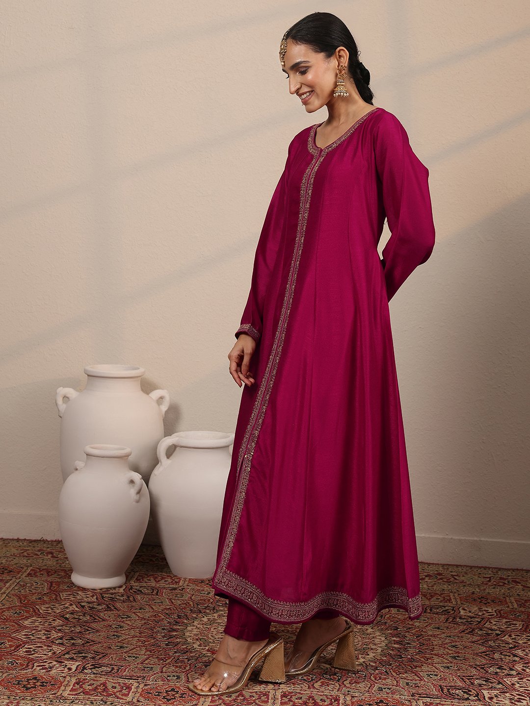 Magenta Silk Blend Embroidered A-Line Kurta Set with Trousers and Dupatta