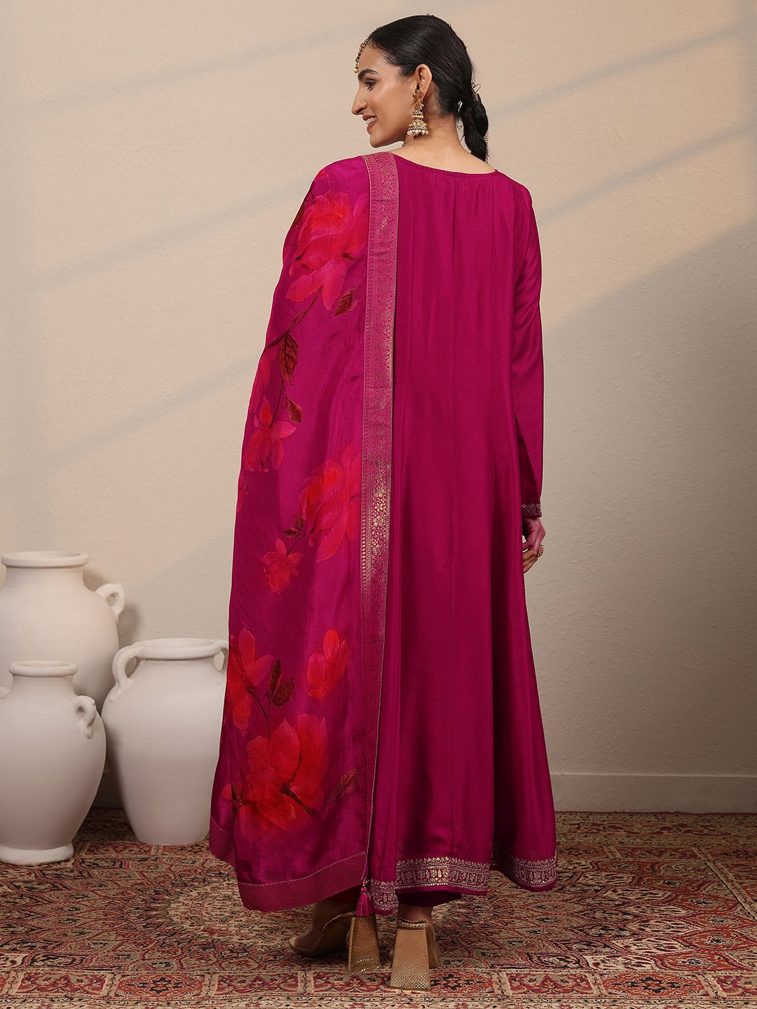 Magenta Silk Blend Embroidered A-Line Kurta Set with Trousers and Dupatta