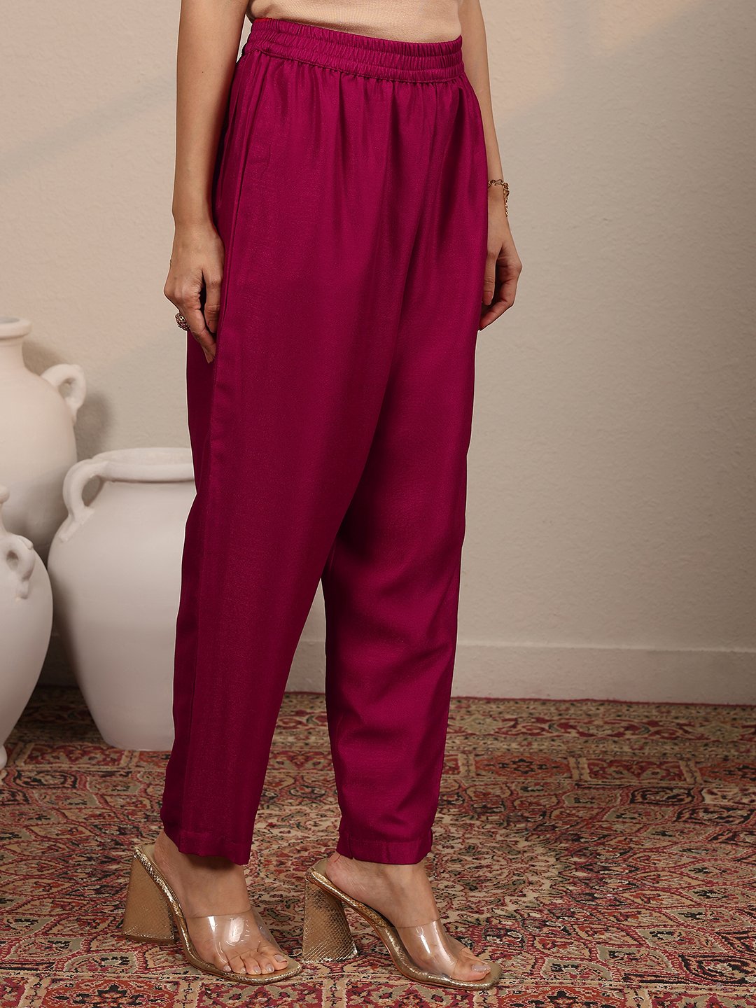Magenta Silk Blend Embroidered A-Line Kurta Set with Trousers and Dupatta