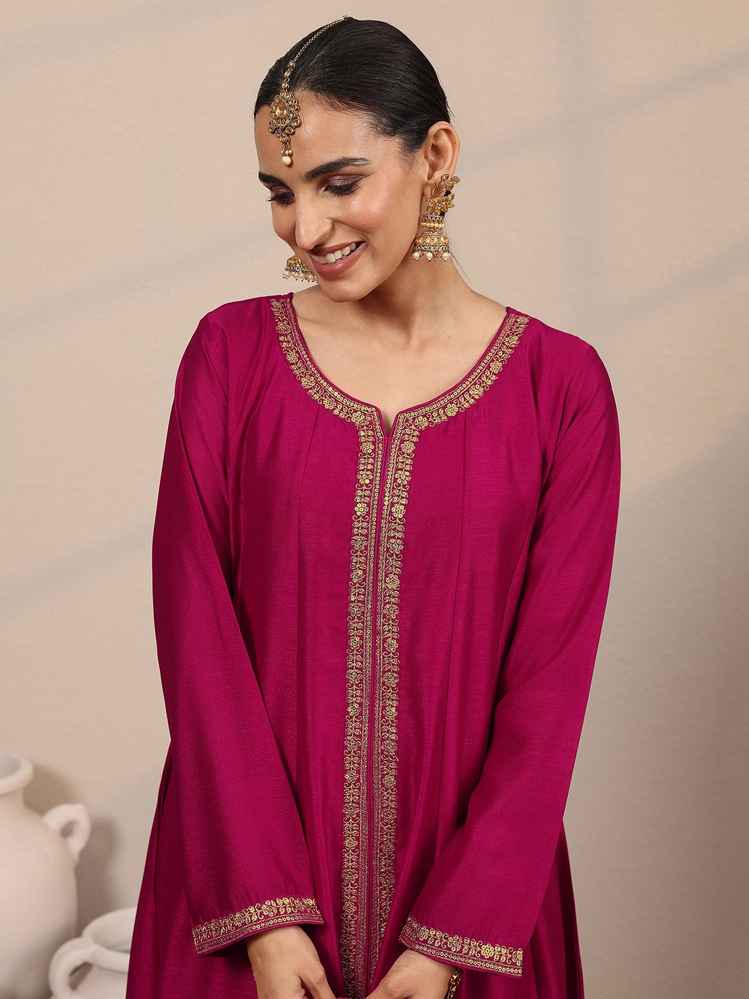 Magenta Silk Blend Embroidered A-Line Kurta Set with Trousers and Dupatta