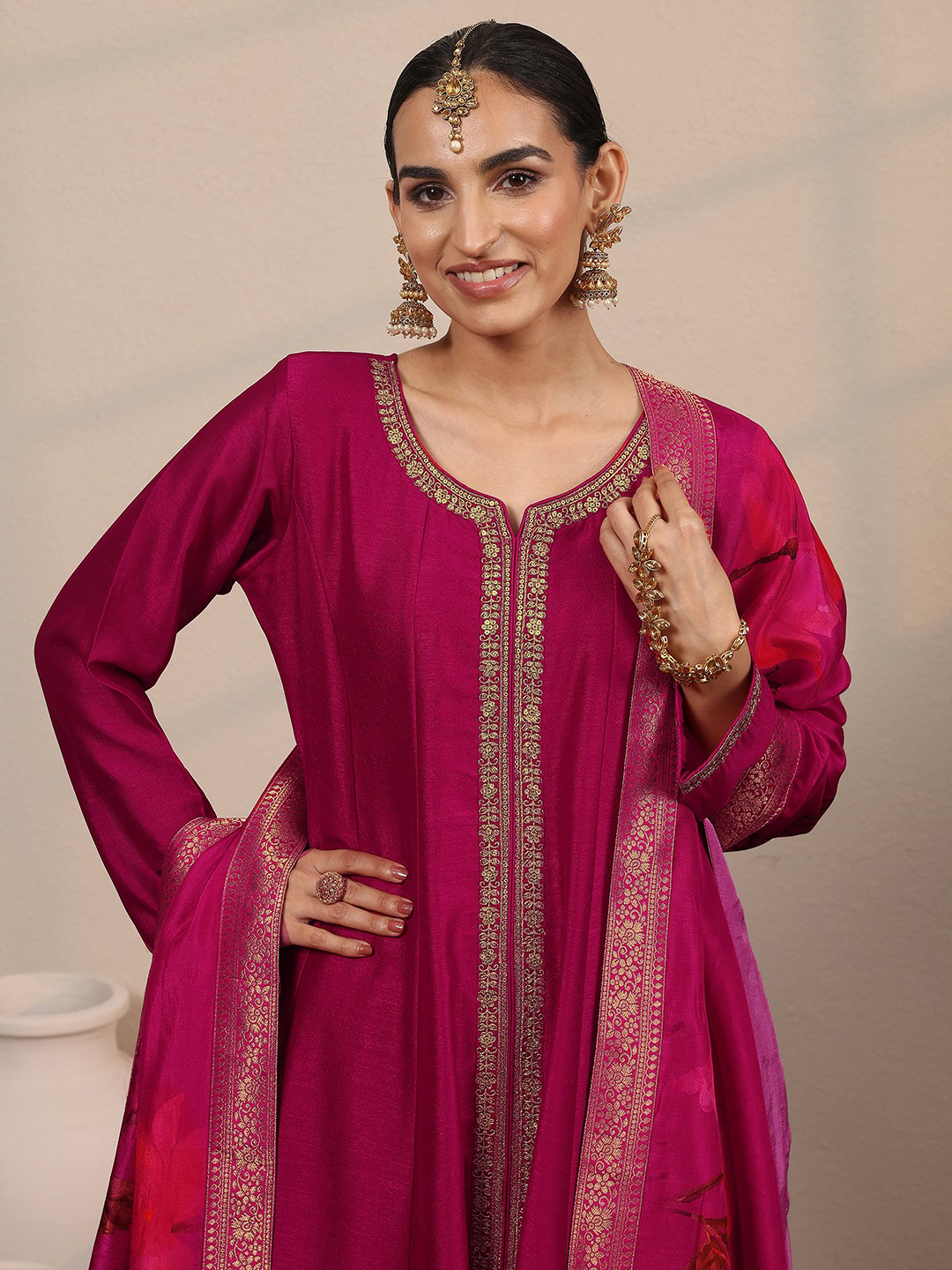 Magenta Silk Blend Embroidered A-Line Kurta Set with Trousers and Dupatta