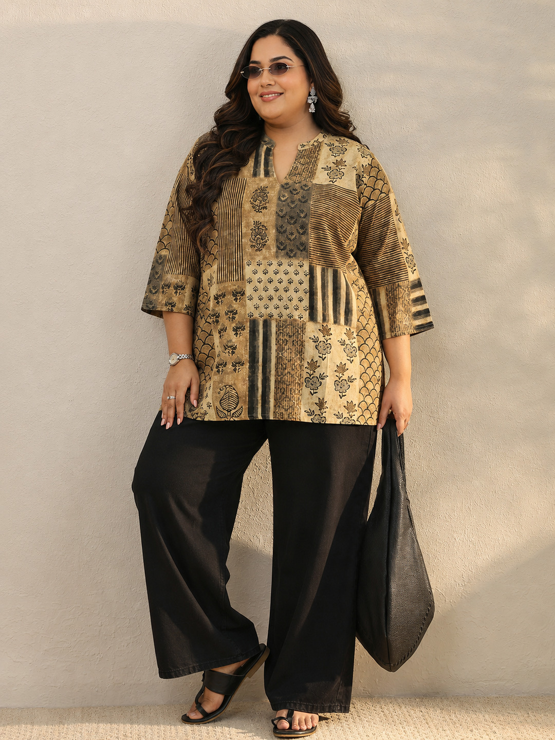 Beige Silk Blend Printed Straight Kurti