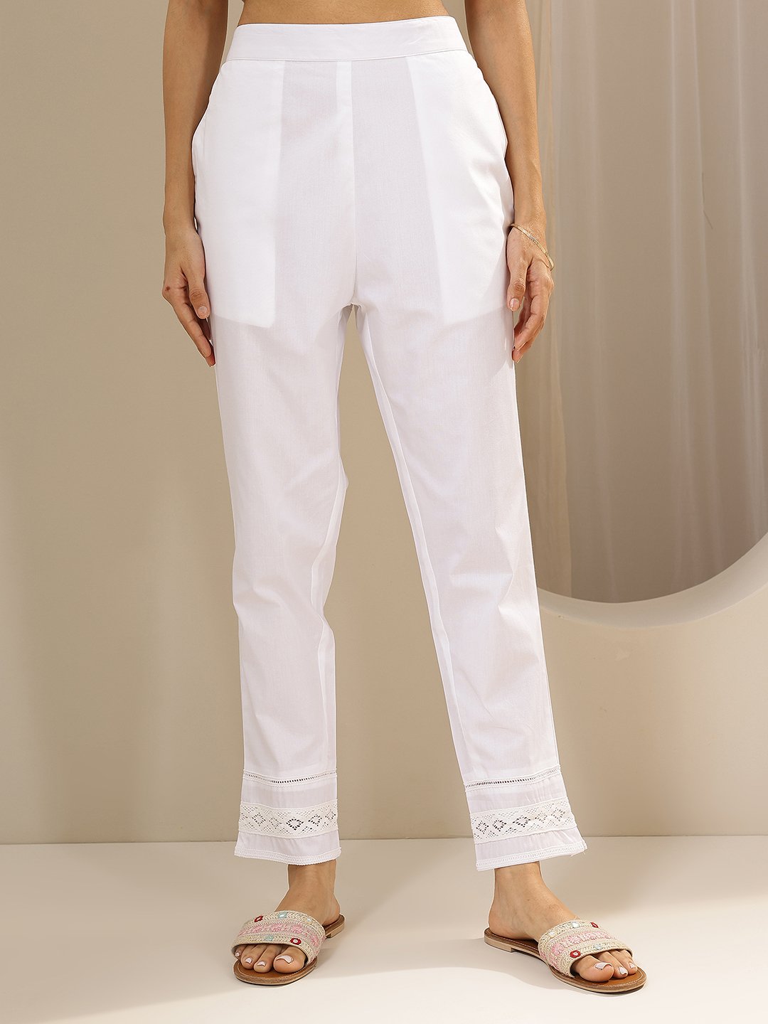 White Cotton Straight-Fit Trousers with Lace Hem
