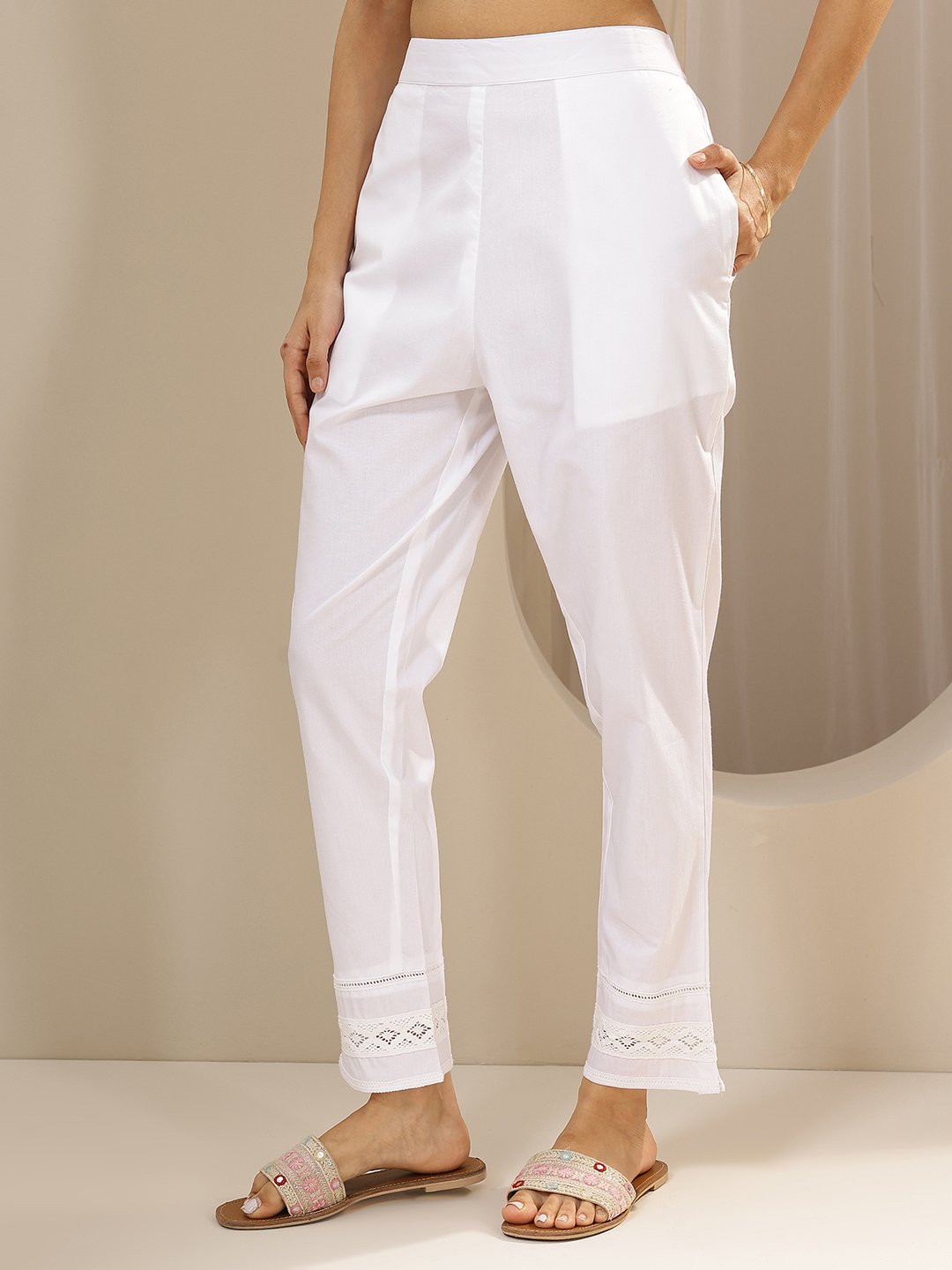 White Cotton Straight-Fit Trousers with Lace Hem