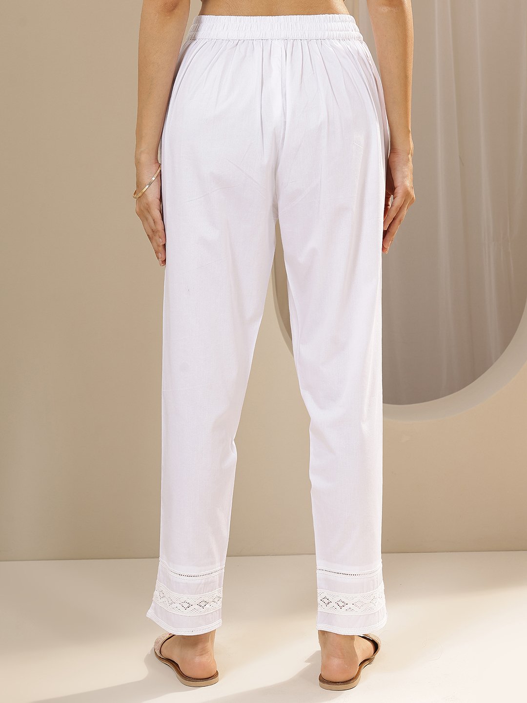 White Cotton Straight-Fit Trousers with Lace Hem