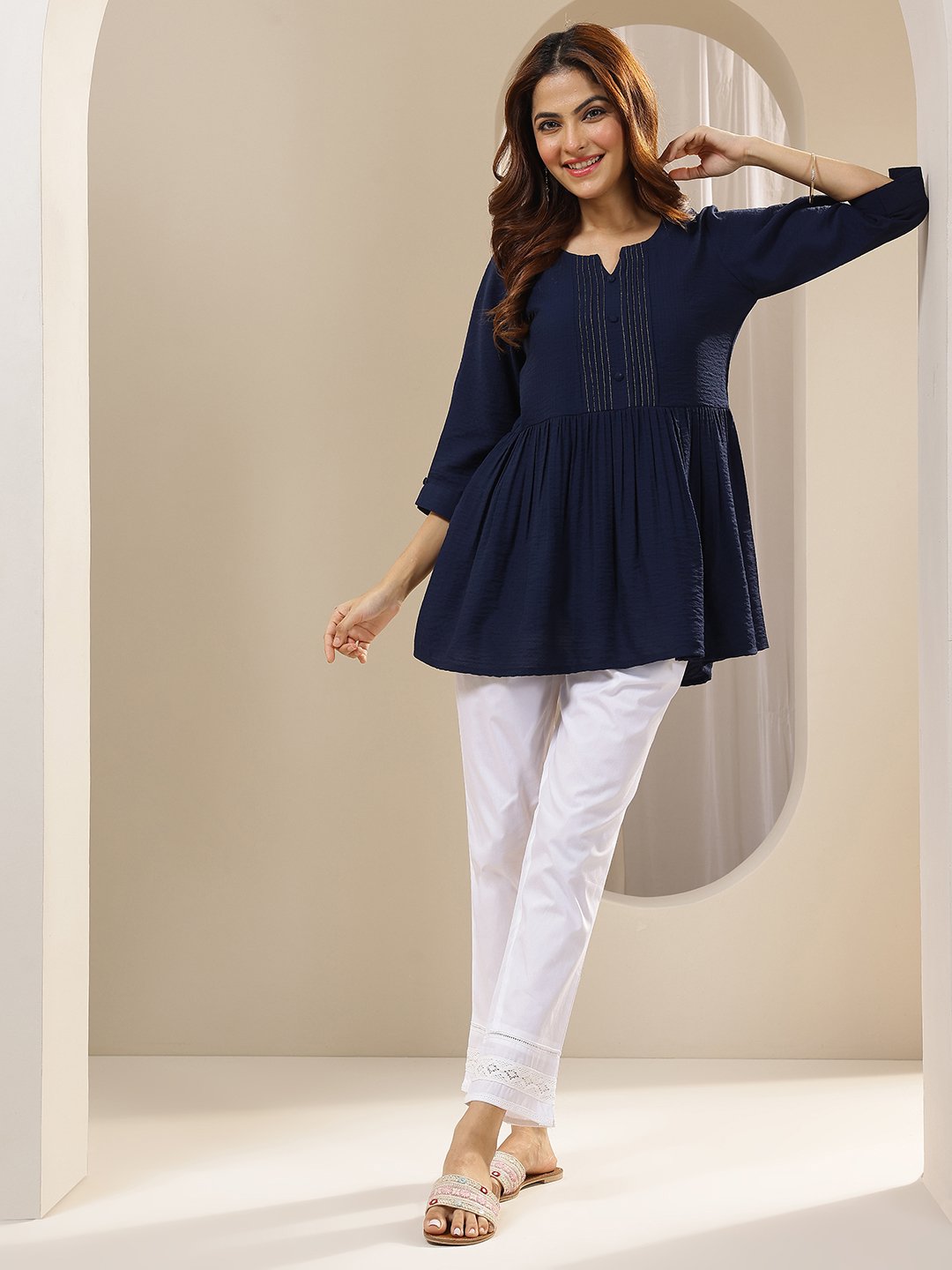 White Cotton Straight-Fit Trousers with Lace Hem