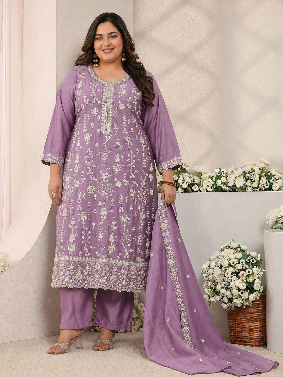 Plus Size Embroidered Kurta Set with Trousers and Dupatta