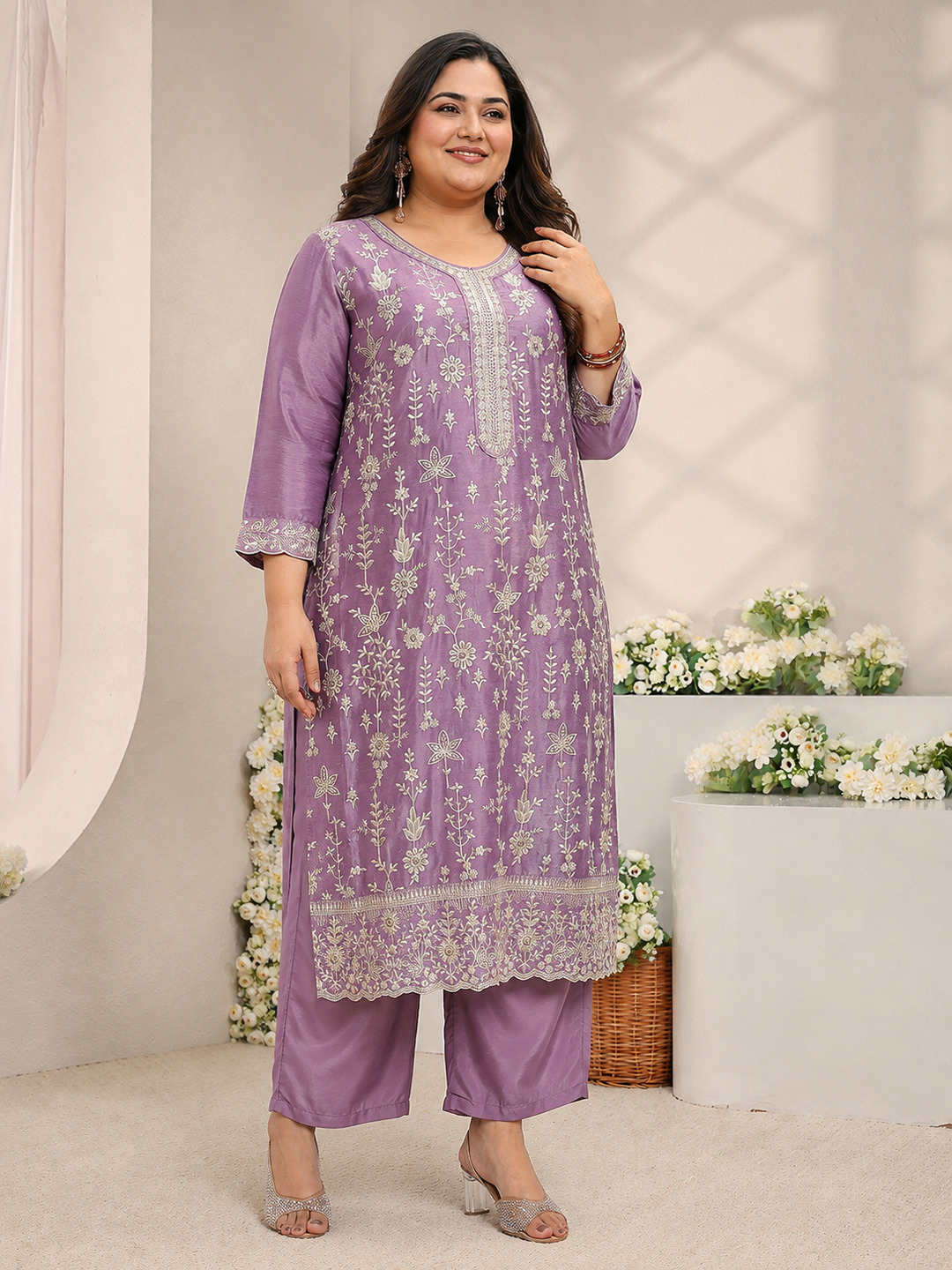 Plus Size Embroidered Kurta Set with Trousers and Dupatta