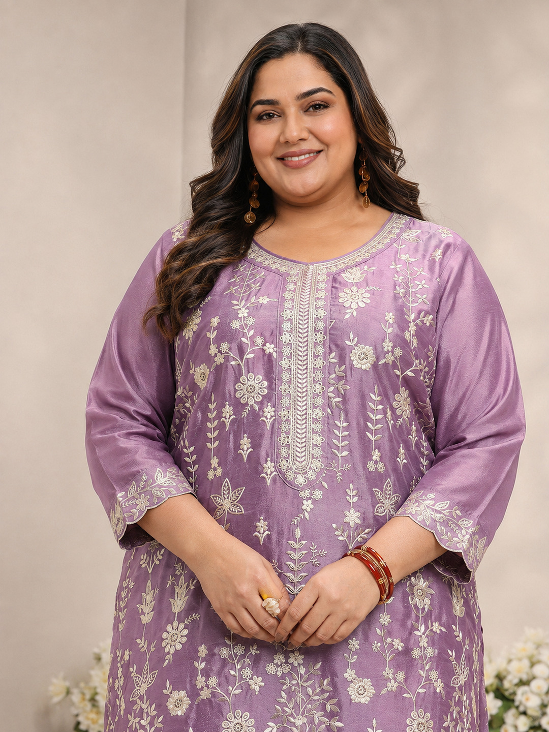 Plus Size Embroidered Kurta Set with Trousers and Dupatta