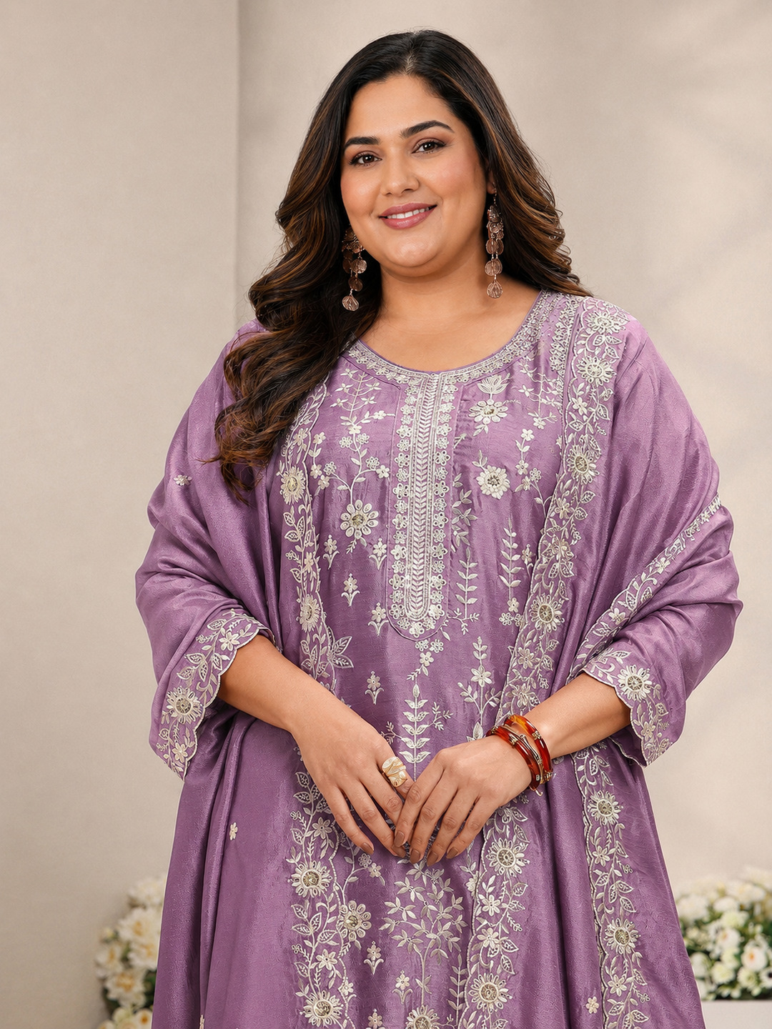 Plus Size Embroidered Kurta Set with Trousers and Dupatta