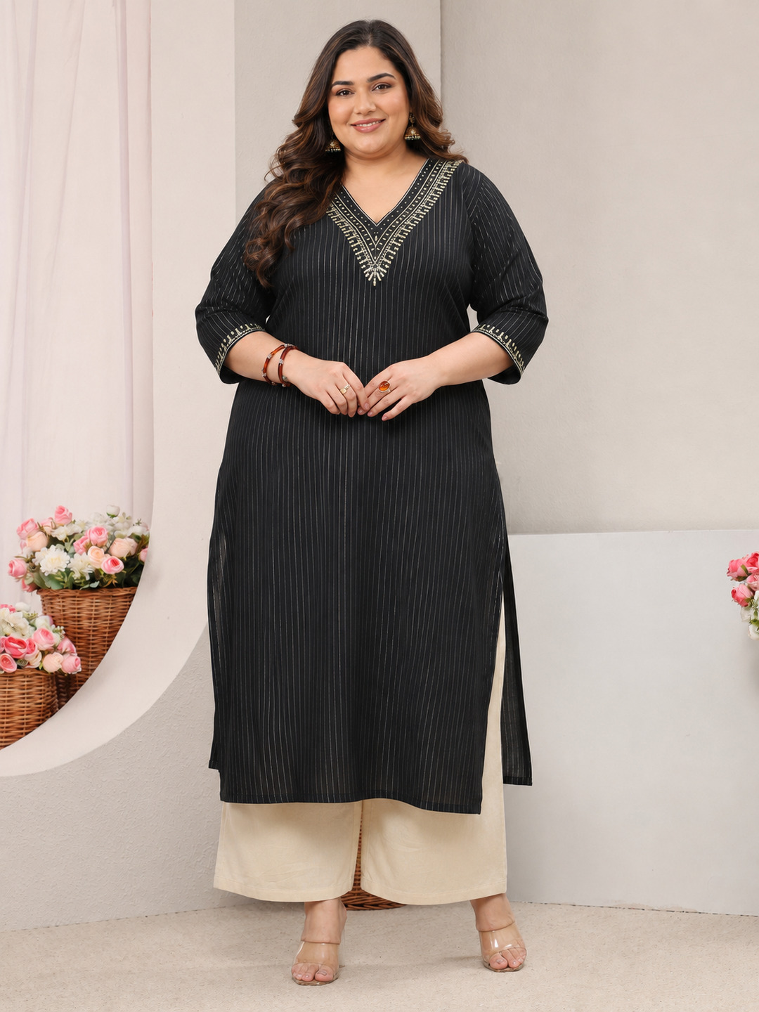 Black Rayon Embellished V-Neck Straight Kurta