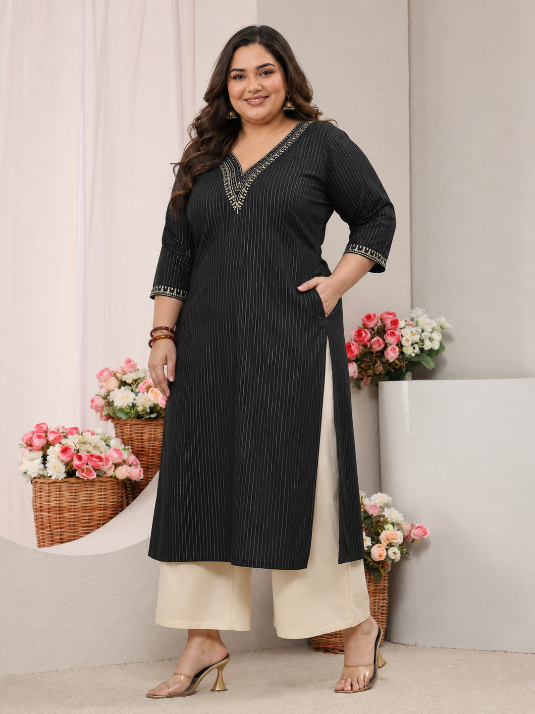 Black Rayon Embellished V-Neck Straight Kurta