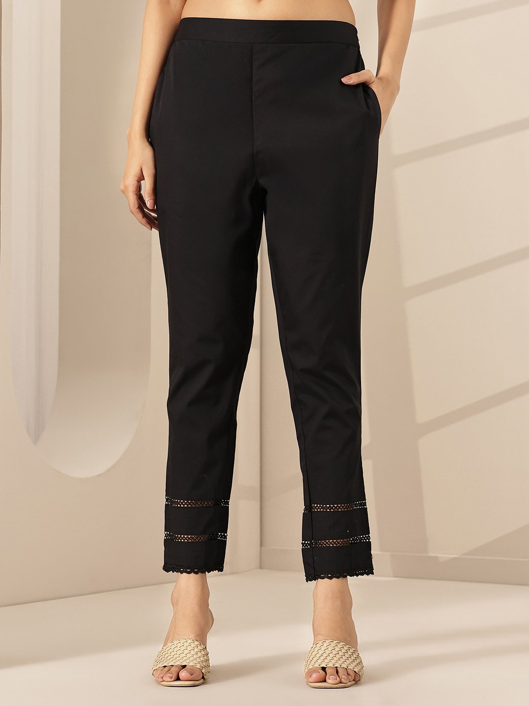 Black Cotton Trousers with Lace Hem