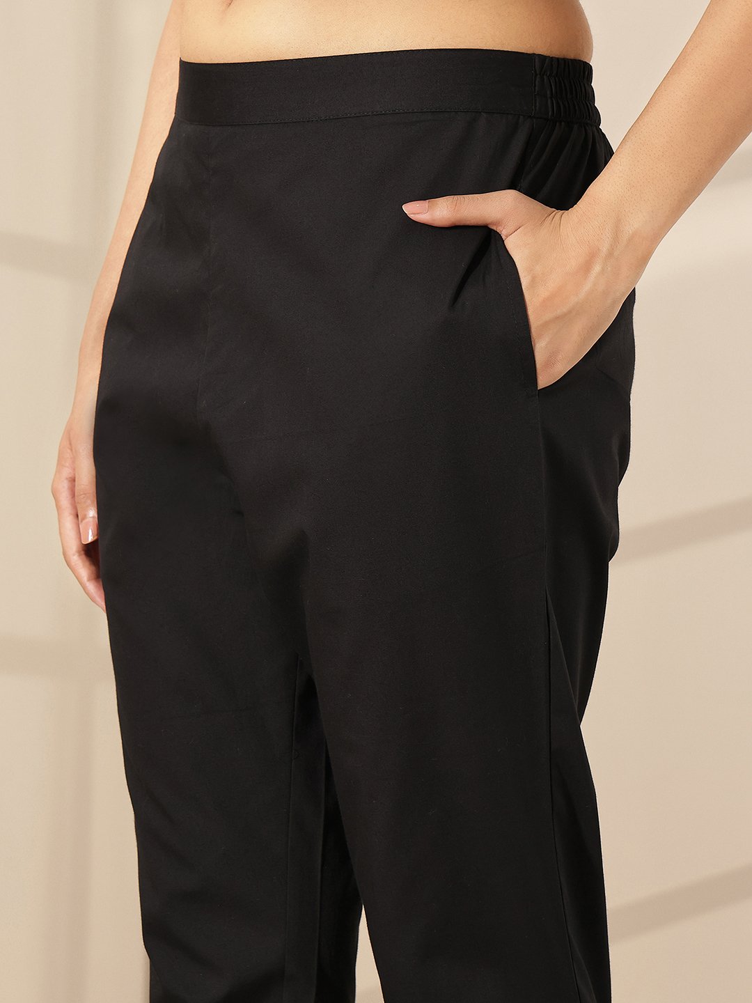 Black Cotton Trousers with Lace Hem