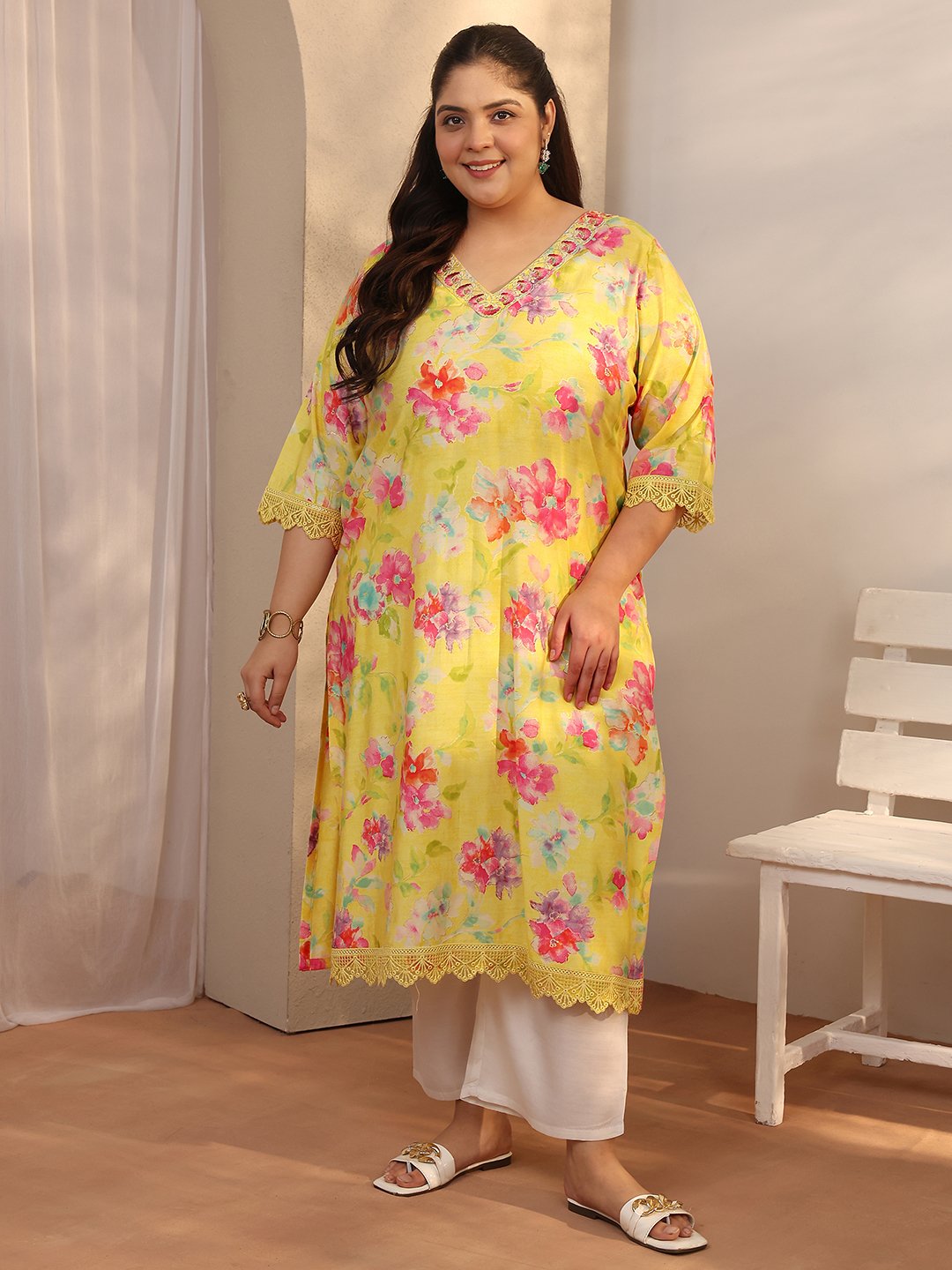 Plus Floral Printed Silk Blend V-Neck Kurta