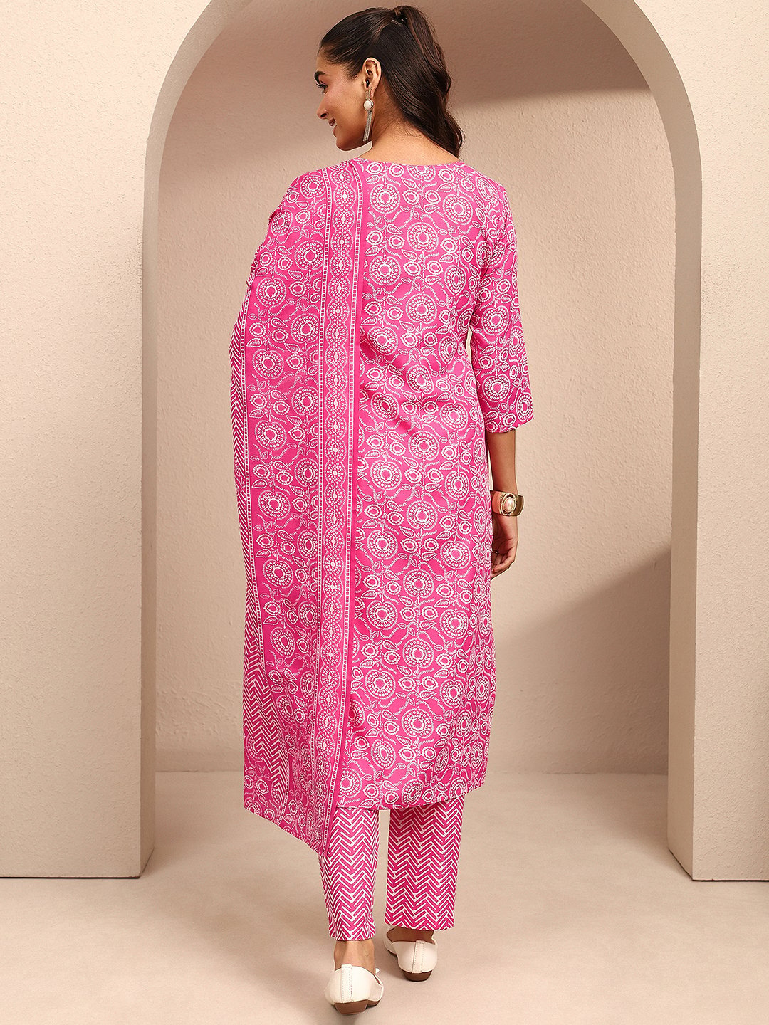 Pink Printed Kurta Set with Trousers and Dupatta with Notch Neck