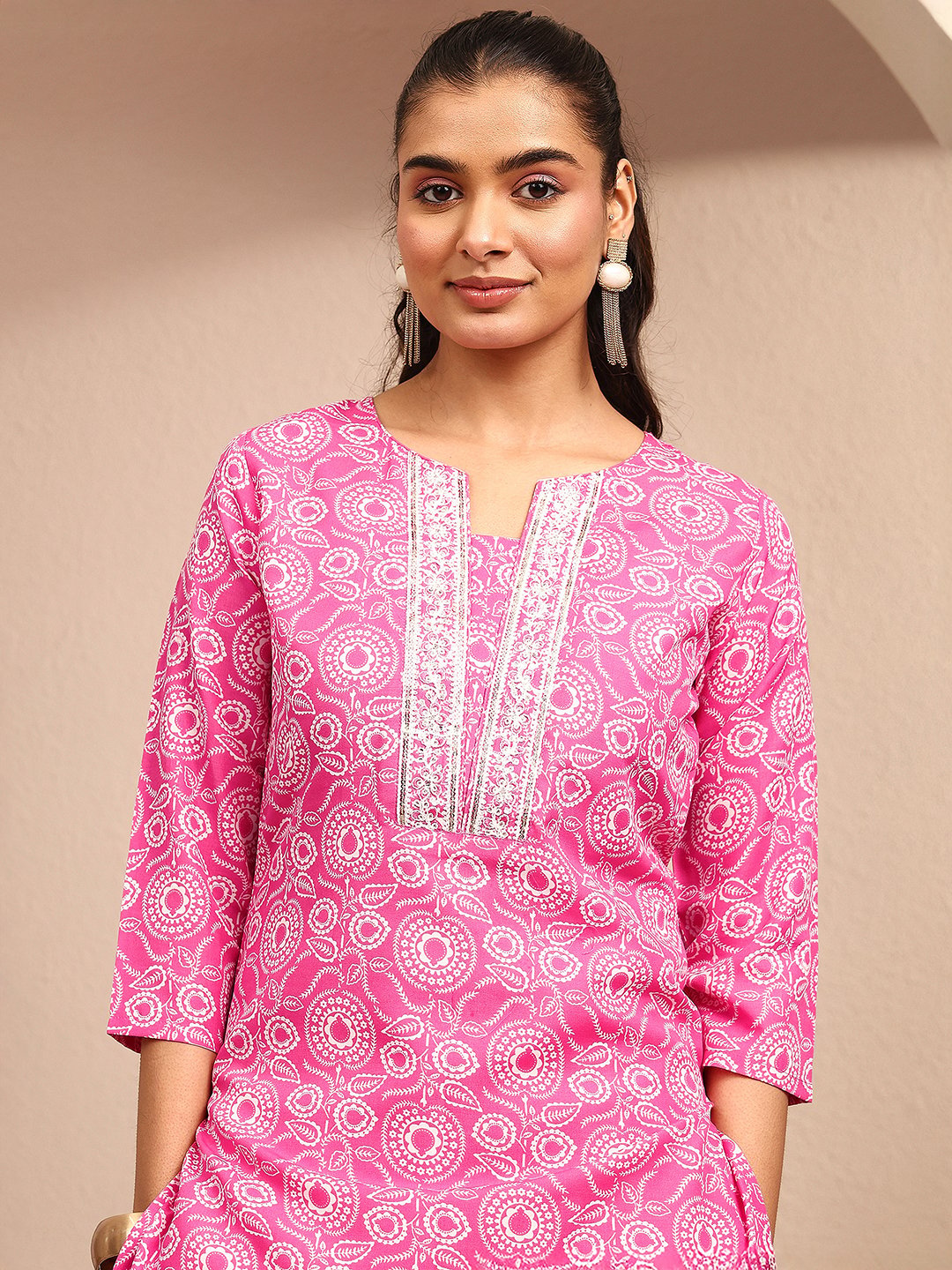 Pink Printed Kurta Set with Trousers and Dupatta with Notch Neck