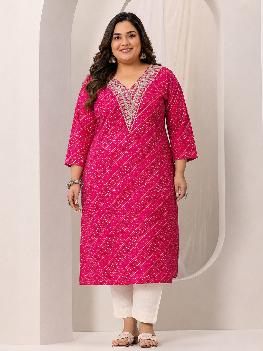 Pink Printed Silk Blend V-Neck Kurta