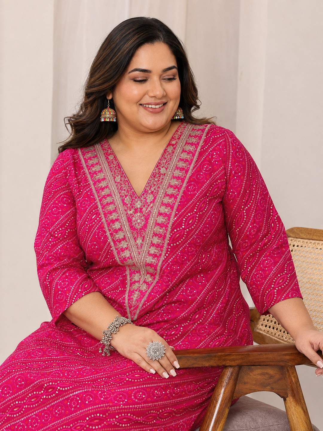 Pink Printed Silk Blend V-Neck Kurta