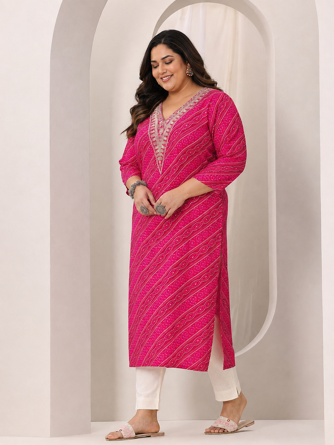 Pink Printed Silk Blend V-Neck Kurta