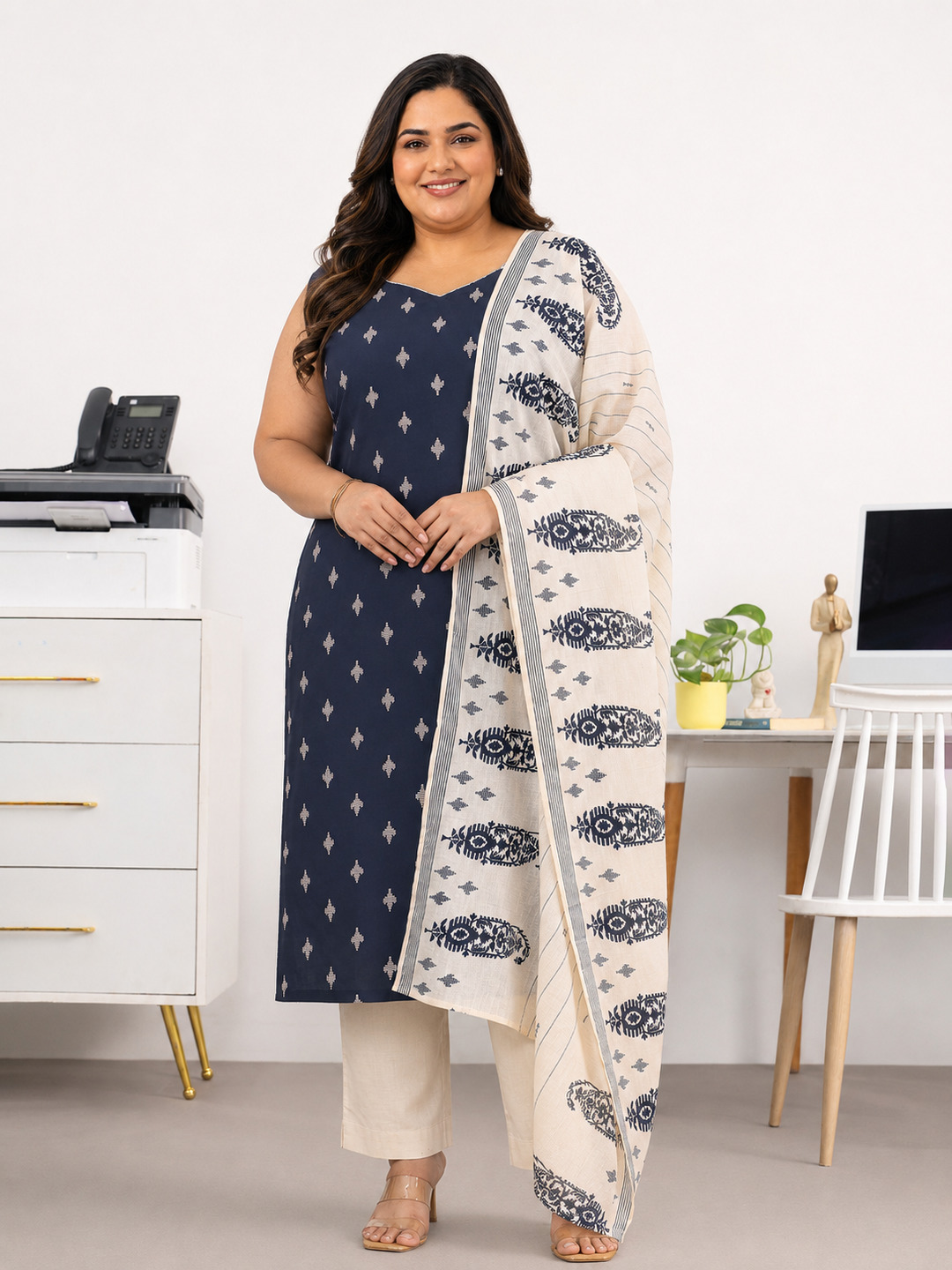 Navy Blue Plus Size Cotton Blend Kurta Set with Paisley Dupatta