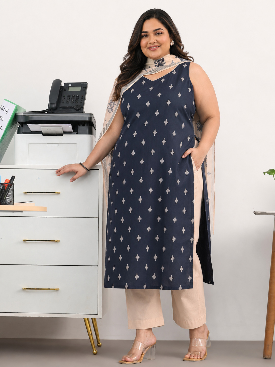 Navy Blue Plus Size Cotton Blend Kurta Set with Paisley Dupatta