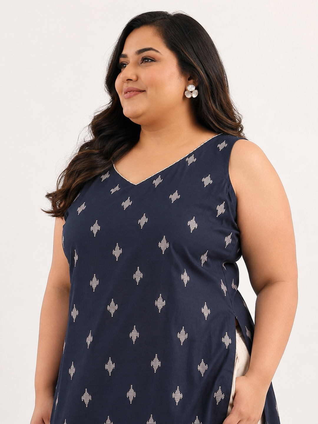Navy Blue Plus Size Cotton Blend Kurta Set with Paisley Dupatta