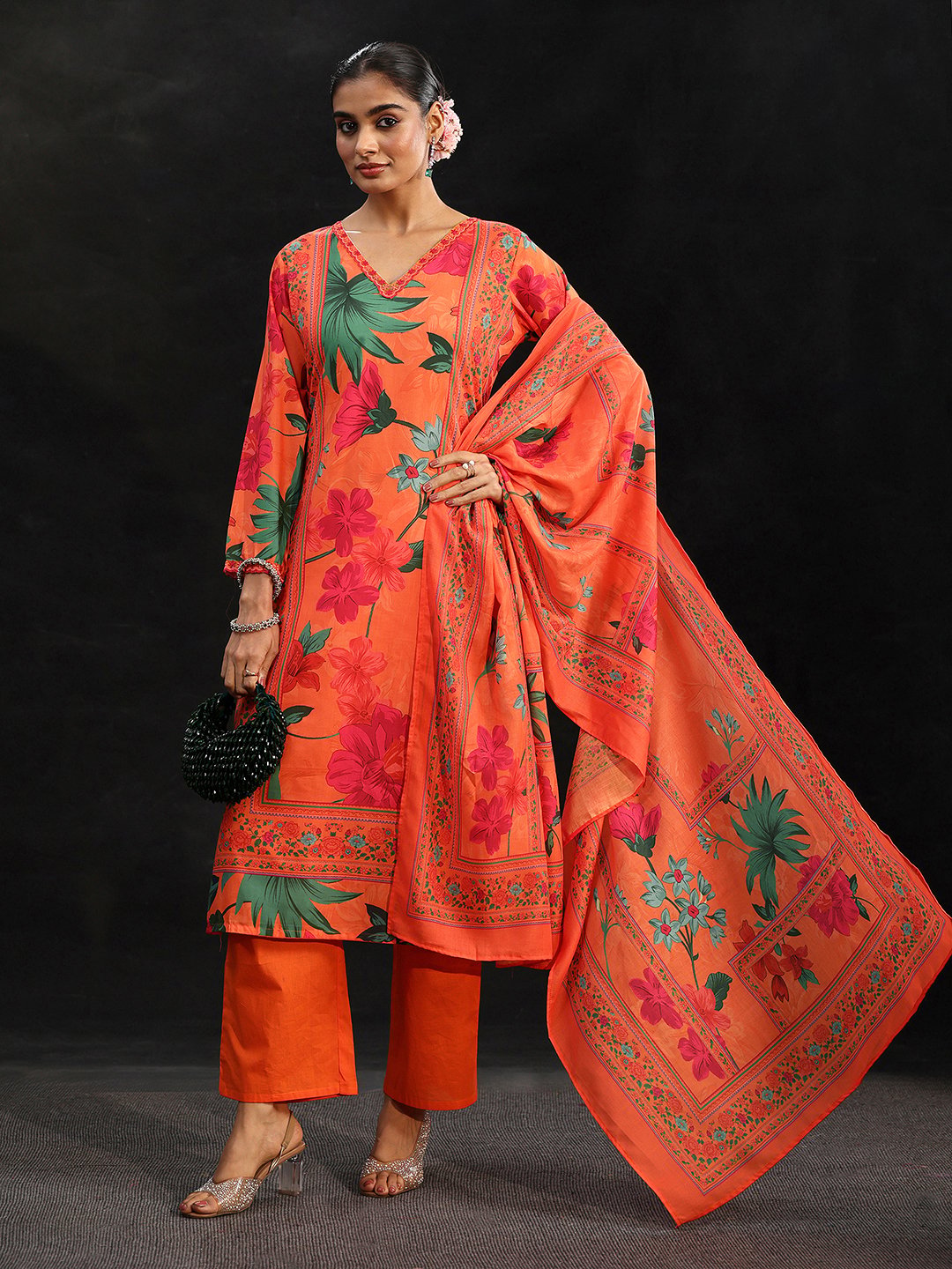 Orange Floral Printed Kurta Set with Dupatta and Trousers