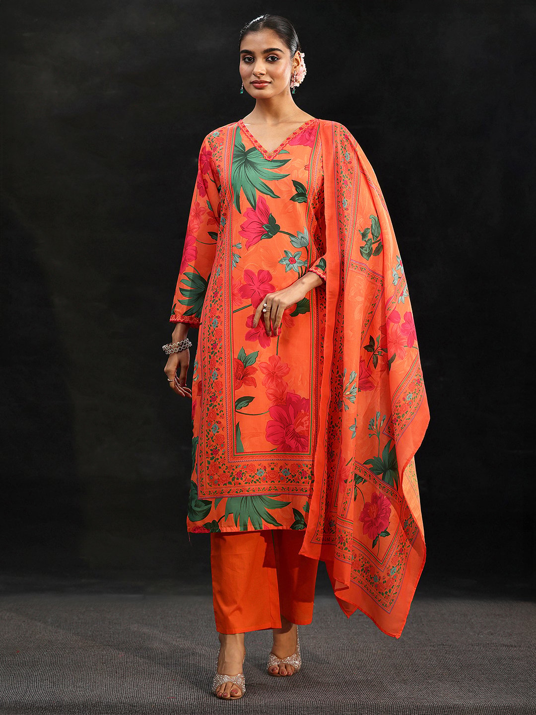 Orange Floral Printed Kurta Set with Dupatta and Trousers