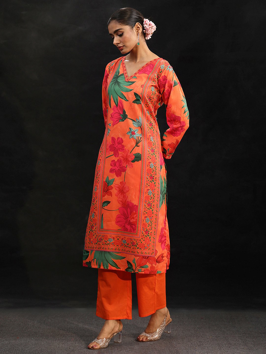 Orange Floral Printed Kurta Set with Dupatta and Trousers
