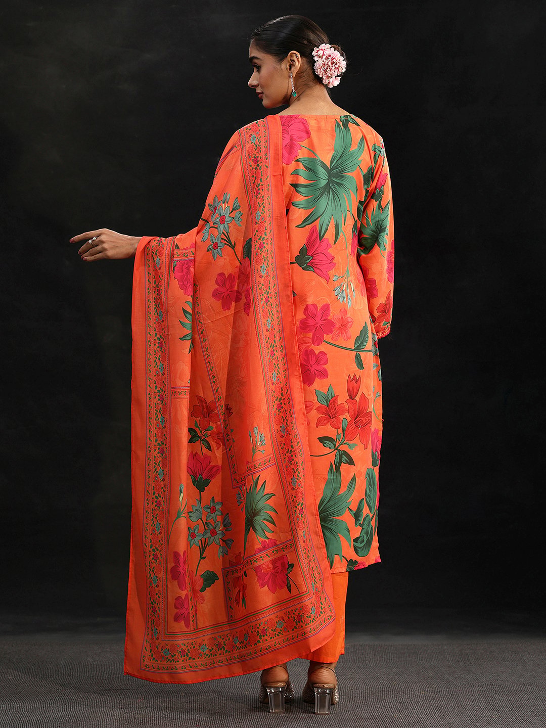 Orange Floral Printed Kurta Set with Dupatta and Trousers