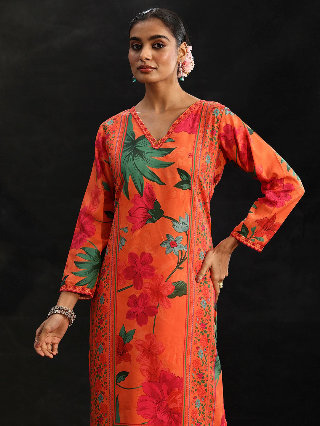 Orange Floral Printed Kurta Set with Dupatta and Trousers