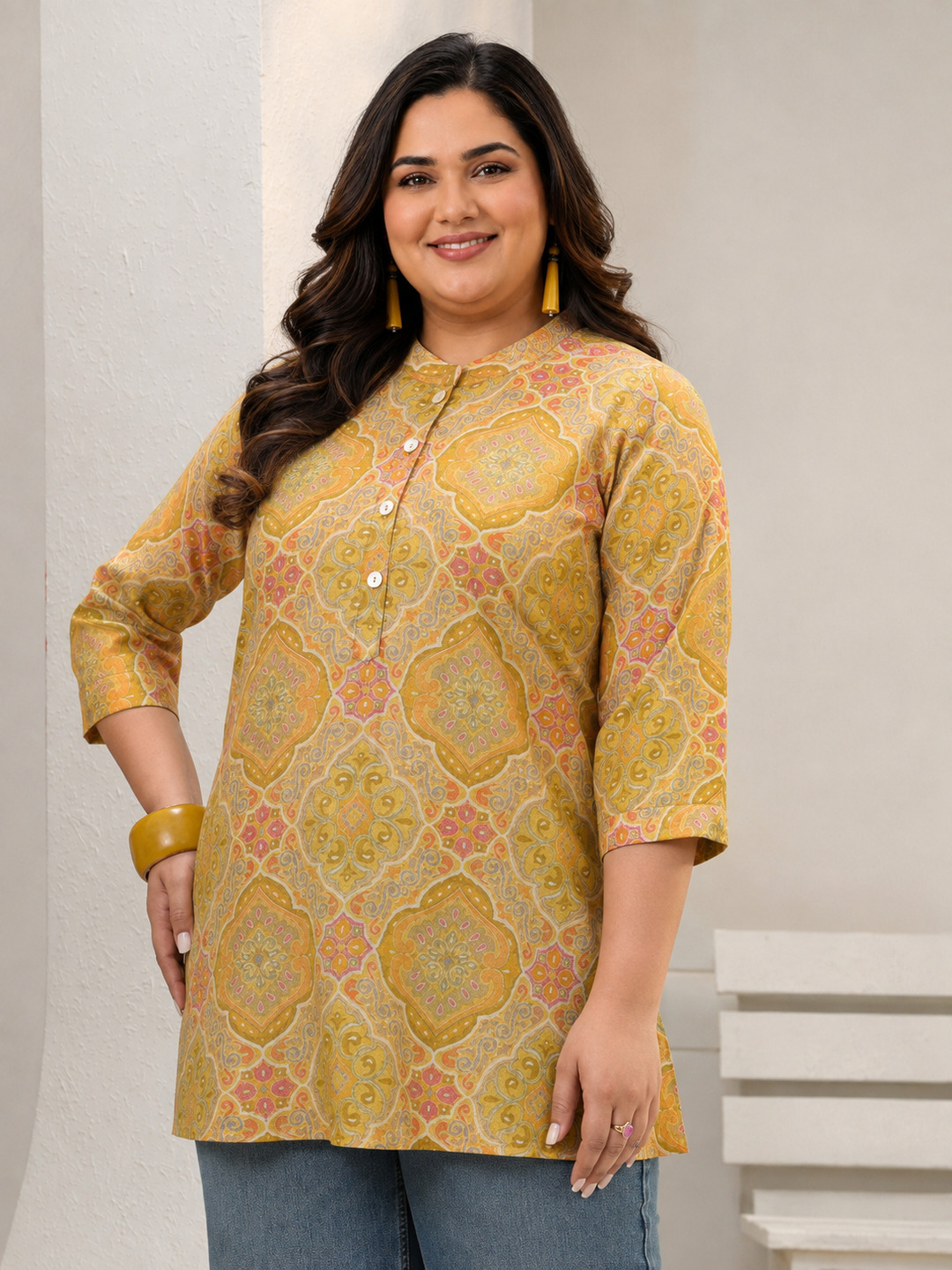 Mustard Printed Silk Blend Straight Kurti with Mandarin Collar