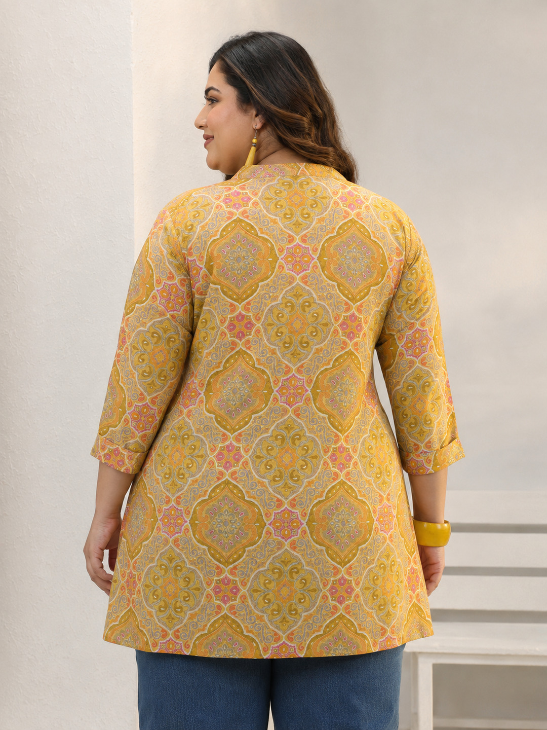 Mustard Printed Silk Blend Straight Kurti with Mandarin Collar